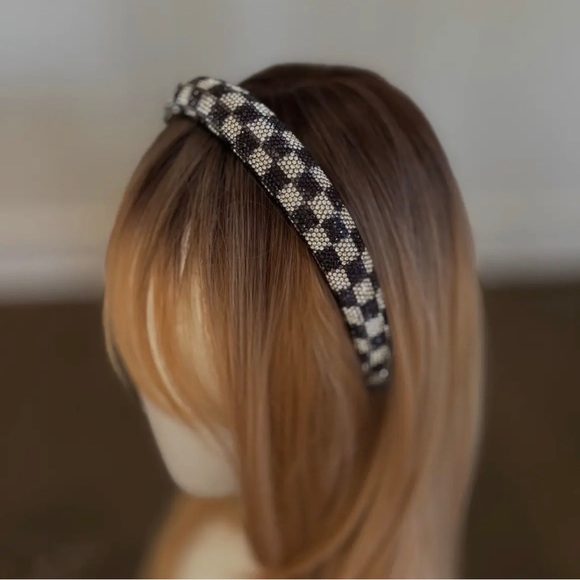 Checkered Glam Headband Black White Rhinestone Headband NWT - Picture 2 of 3